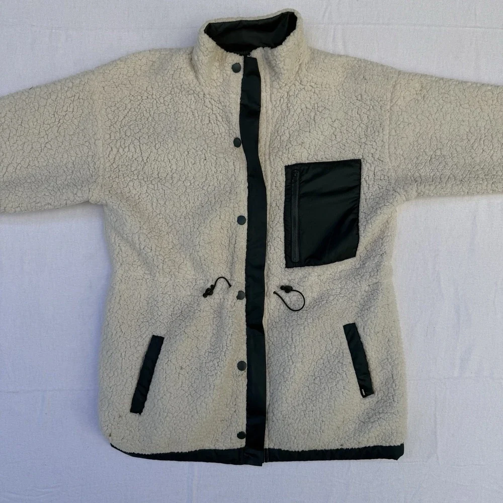 $299 Monrow Women's Ivory/Green Reversible Sherpa Lined Jacket‎ Coat Size Large?
